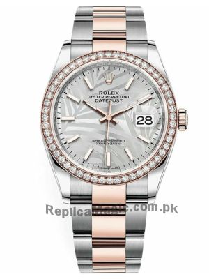 Newest Model-Rolex Datejust Silver Palm Motif Dial Diamond Watch  Price in Pakistan
