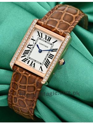 Cartier Tank Solo Brown Leather Strap Diamond Bezel Watch Price in Pakistan